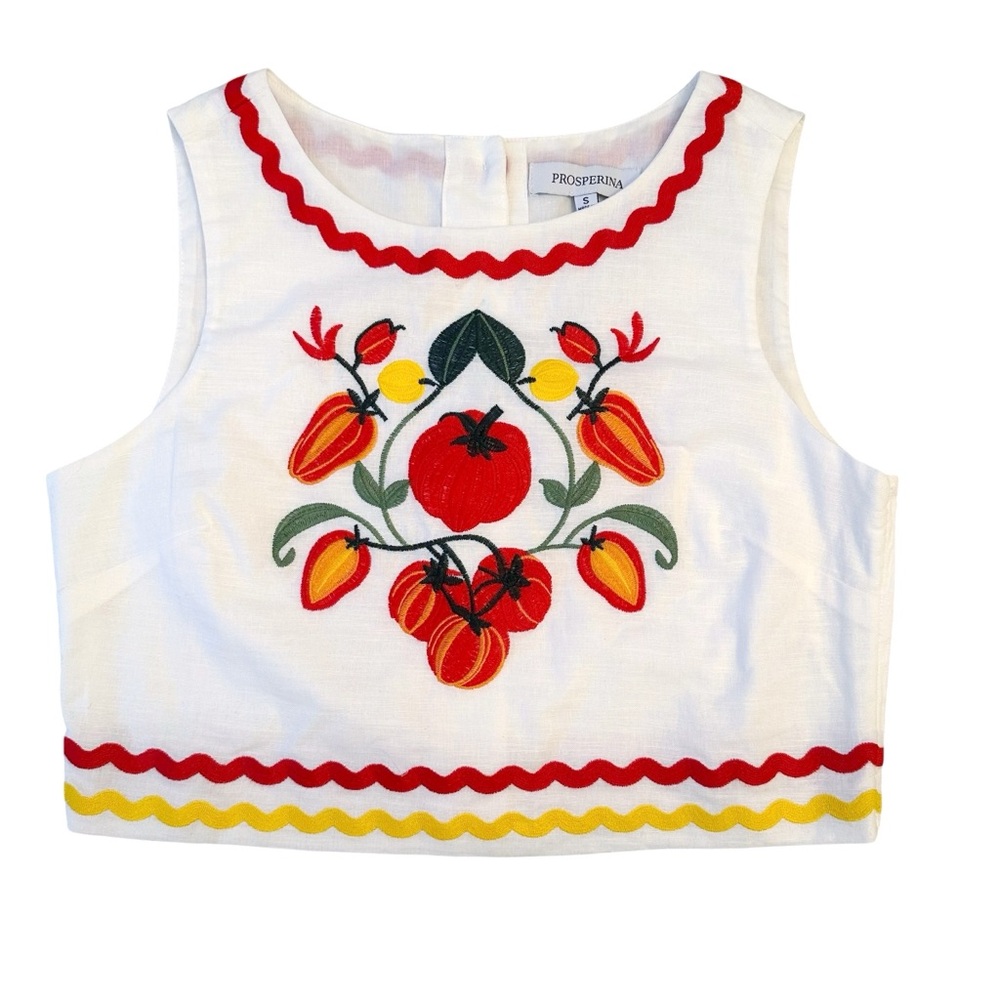 Prosperina Ellie Tomato Embroidered Ivory Cotton Top Small NWT